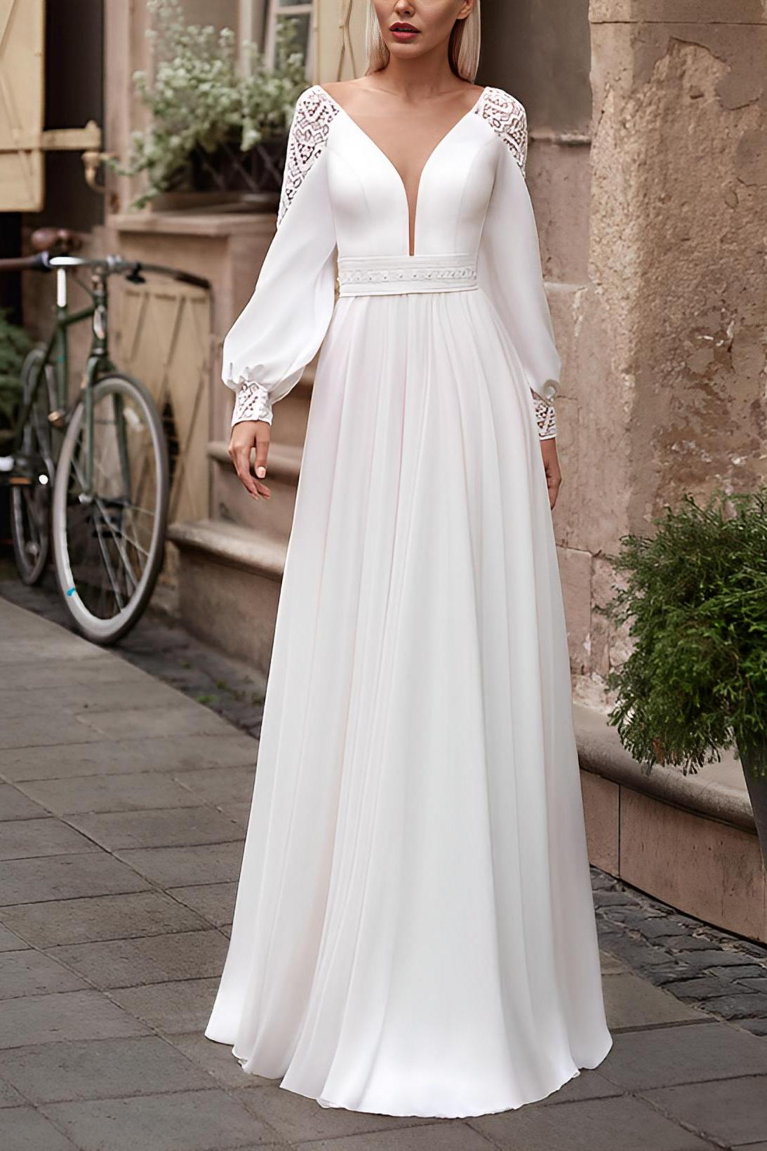 A Line Long Sleeves Sweep Train Chiffon Wedding Dress With Lace