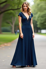 A Line Navy Wedding Guest Dress V-Neck Long Formal Dress With Cap Sleeves