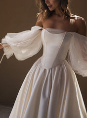 A Line Off The Shoulder Long Sleeves Satin Wedding Dress With Pleated