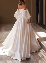A Line Off The Shoulder Long Sleeves Satin Wedding Dress With Pleated