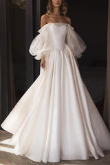 A Line Off The Shoulder Long Sleeves Satin Wedding Dress With Pleated