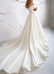 A Line Off The Shoulder Sleeveless Satin Wedding Dress With Front Split