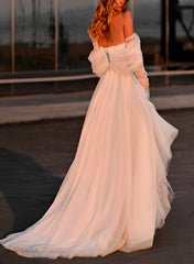A Line Off The Shoulder Sleeveless Sweep Train Tulle Wedding Dress With Split Front