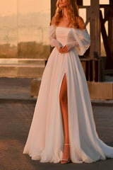 A Line Off The Shoulder Sleeveless Sweep Train Tulle Wedding Dress With Split Front