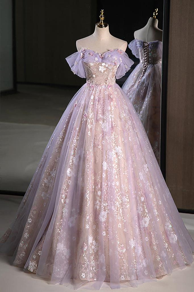 A Line Off the Shoulder Purple Prom Dress Long Sweet 16 Dress Evening Dress