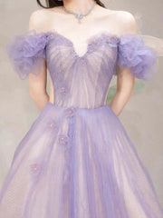 A Line Off the Shoulder Purple Prom Dress Tulle Long Formal Dress Evening Dress