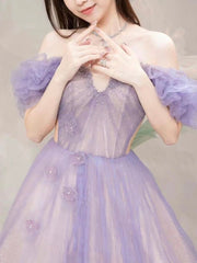 A Line Off the Shoulder Purple Prom Dress Tulle Long Formal Dress Evening Dress