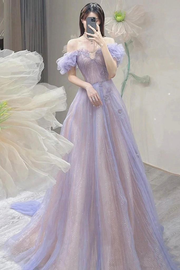 A Line Off the Shoulder Purple Prom Dress Tulle Long Formal Dress Evening Dress