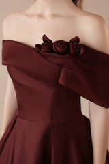 A Line Off the Shoulder Satin Burgundy Prom Dress Long Formal Evening Dress