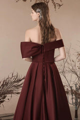 A Line Off the Shoulder Satin Burgundy Prom Dress Long Formal Evening Dress