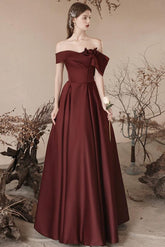 A Line Off the Shoulder Satin Burgundy Prom Dress Long Formal Evening Dress