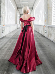 A Line Off the Shoulder Satin Burgundy Prom Dress Long Formal Gown Evening Dress