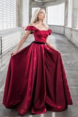 A Line Off the Shoulder Satin Burgundy Prom Dress Long Formal Gown Evening Dress