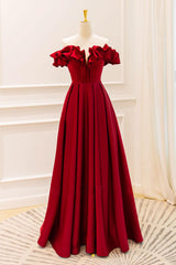 A Line Off the Shoulder Satin Burgundy Prom Dress Long Formal Gown Evening Dress