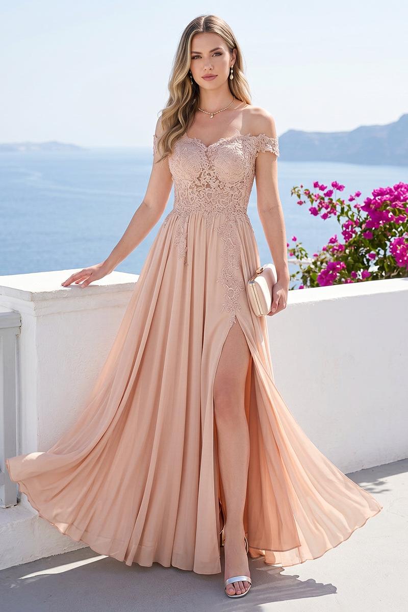 A-Line Off-the-Shoulder Sleeveless Appliqued Chiffon Long Bridesmaid Dresses with Side Slit