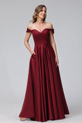 A-Line Off-the-Shoulder Sweetheart Satin Maxi Dresses with Pockets