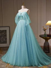 A Line Off the Shoulder Tulle Blue Prom Dress Long Formal Gown Evening Dress