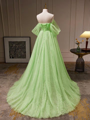A Line Off the Shoulder Tulle Blue Prom Dress Long Formal Gown Evening Dress