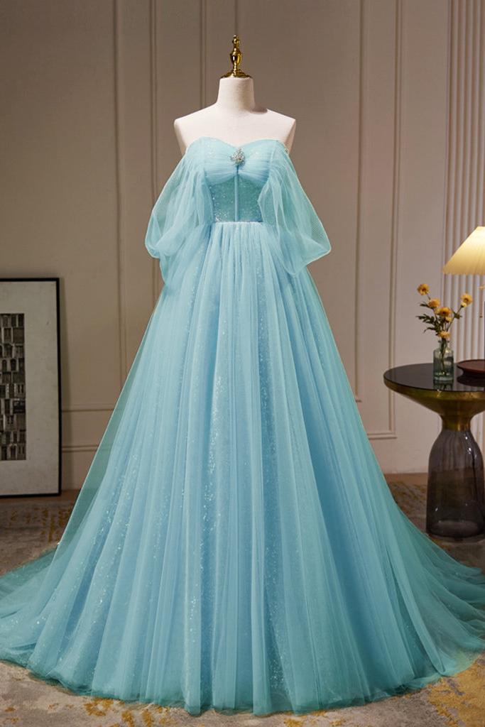 A Line Off the Shoulder Tulle Blue Prom Dress Long Formal Gown Evening Dress