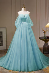 A Line Off the Shoulder Tulle Blue Prom Dress Long Formal Gown Evening Dress