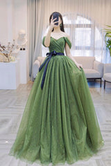 A Line Off the Shoulder Tulle Green Prom Dress Long Formal Dress Evening Dress