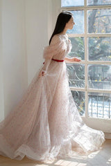 A Line Off the Shoulder Tulle Light Pink Prom Dress Long Formal Evening Dress