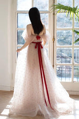 A Line Off the Shoulder Tulle Light Pink Prom Dress Long Formal Evening Dress