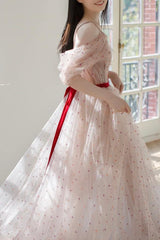 A Line Off the Shoulder Tulle Light Pink Prom Dress Long Formal Evening Dress