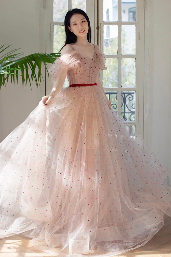 A Line Off the Shoulder Tulle Light Pink Prom Dress Long Formal Evening Dress