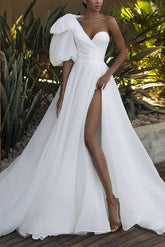 A Line One Shoulder Organza Wedding Dress With Split Front Bow