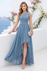 A-Line One-Shoulder Sleeveless Chiffon High Low Bridesmaid Dresses with Pockets