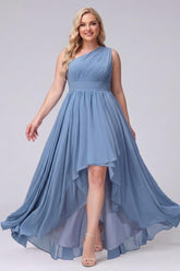 A-Line One-Shoulder Sleeveless Chiffon High Low Plus Size Bridesmaid Dresses with Pockets