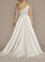 A Line One Shoulder Sleeveless Sweep Train Silk Like Satin Wedding Dress