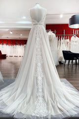 A Line Open Back Tulle Lace Wedding Dress with Ruffles