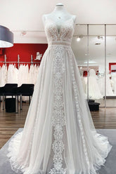 A Line Open Back Tulle Lace Wedding Dress with Ruffles