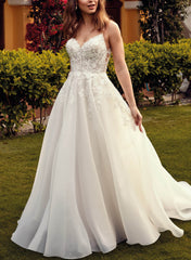 A Line Organza Wedding Dress with Lace Detail and Open Back