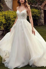 A Line Organza Wedding Dress with Lace Detail and Open Back