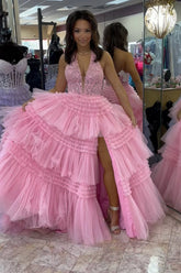 A-Line Pink Prom Dress Halter Neck Corset Tulle Long Formal Dress with Appliques