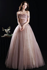 A Line Pink Prom Dress Long Formal Lace Sequined Evening Dress