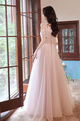 A Line Pink Prom Dress Long Off the Shoulder Graduation Dress Formal Evening Dress
