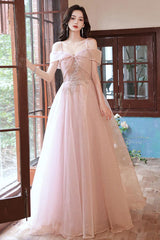 A Line Pink Prom Dress Long Off the Shoulder Graduation Dress Formal Evening Dress