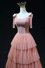 A Line Pink Prom Dress Tulle Long Formal Evening Dress
