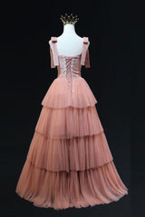 A Line Pink Prom Dress Tulle Long Formal Evening Dress