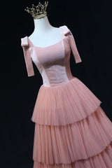 A Line Pink Prom Dress Tulle Long Formal Evening Dress