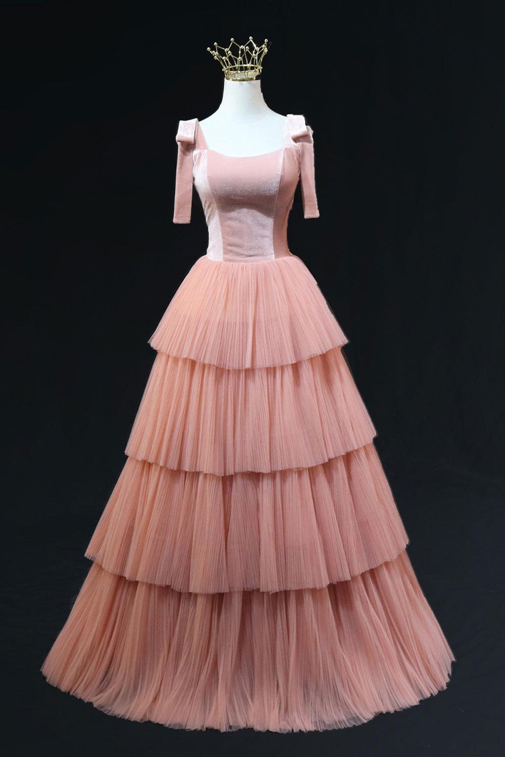 A Line Pink Prom Dress Tulle Long Formal Evening Dress