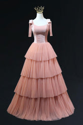 A Line Pink Prom Dress Tulle Long Formal Evening Dress