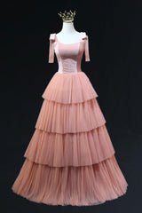 A Line Pink Prom Dress Tulle Long Formal Evening Dress