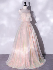 A Line Pink Prom Dress Tulle Long Formal Gown Evening Dress