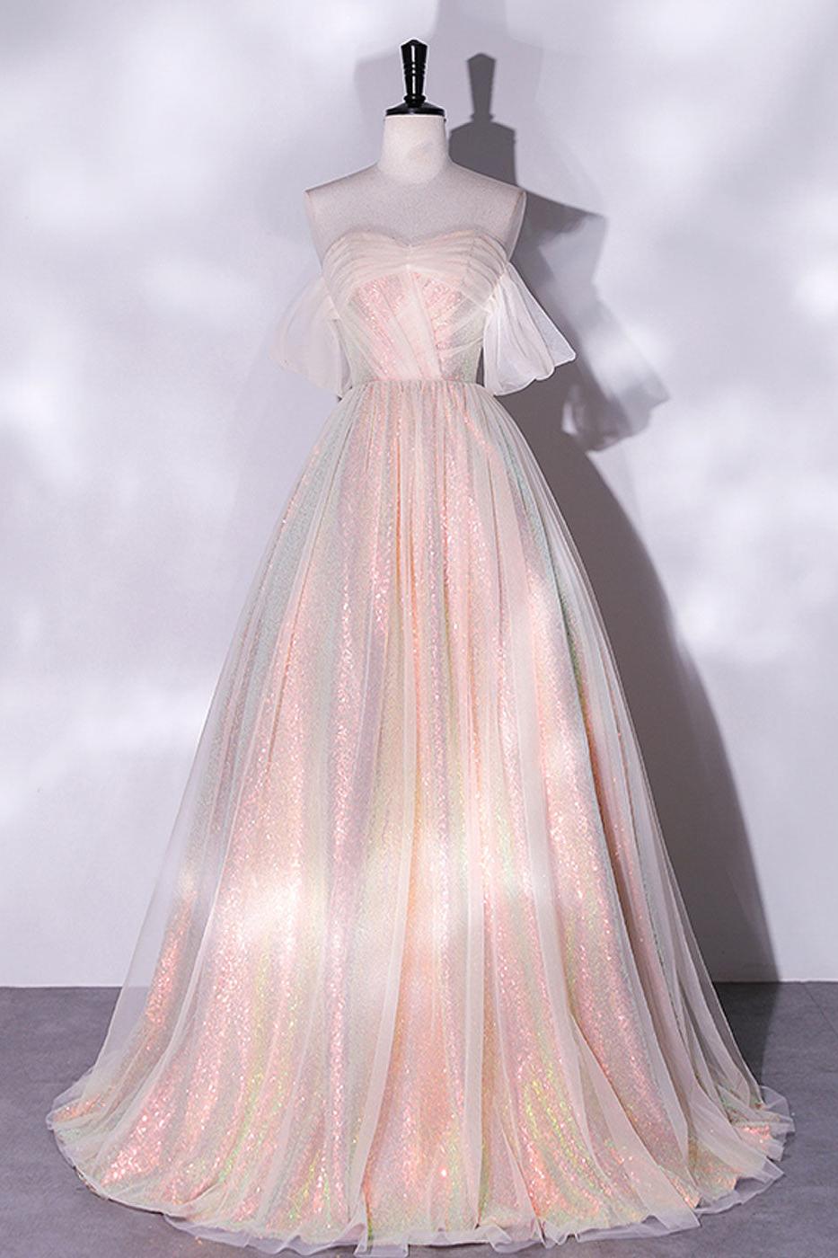 A Line Pink Prom Dress Tulle Long Formal Gown Evening Dress