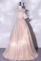 A Line Pink Prom Dress Tulle Long Formal Gown Evening Dress